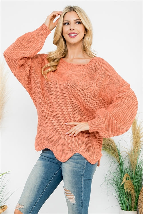 Coral Puff Crochet Sweater