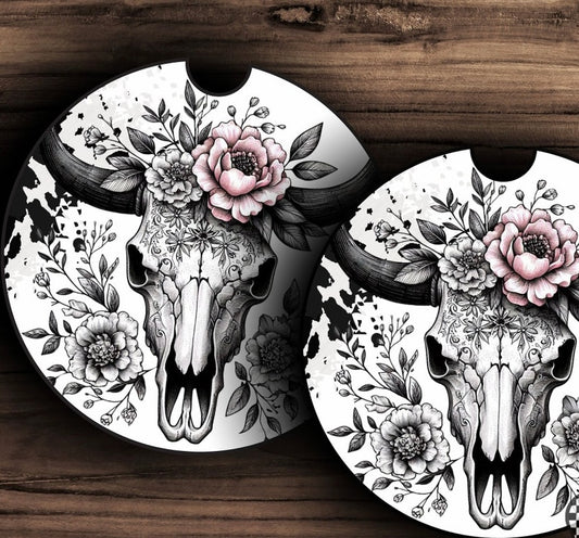 Black & White Cow Skull Car Coaster